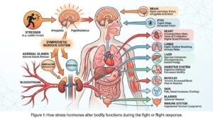 Illustration showing the physiological effects of the fight or flight response and stress hormones on the human body